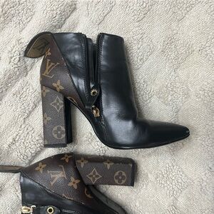 Black Leather and Monogram Brown Heeled Boots